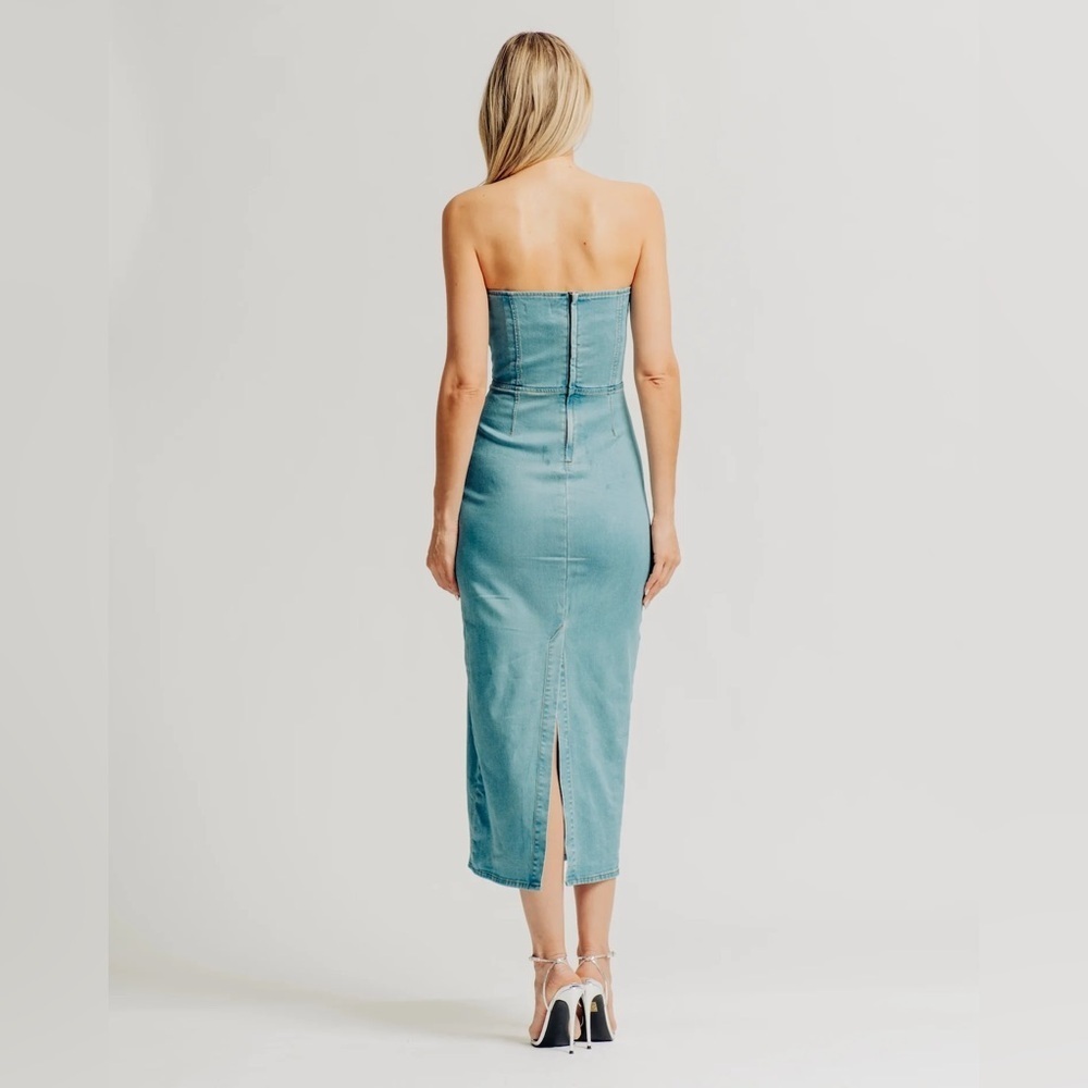 NWT Torn by Ronny Kobo Renee‎ Strapless Denim Midi Dress in Medium Blue Small - Picture 2 of 10